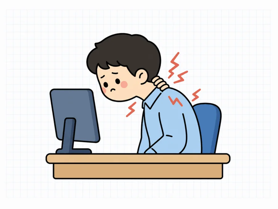 책상 앞에서 목과 어깨가 뻐근한 직장인 일러스트