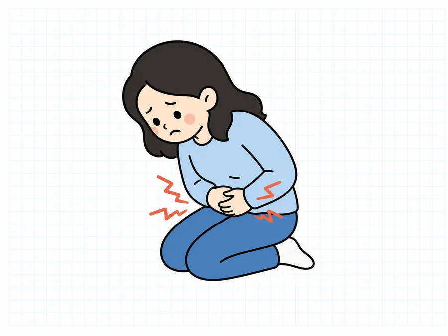 생리통으로 아랫배를 감싸 쥔 여성 일러스트